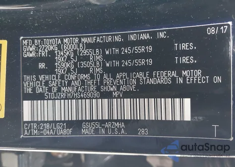 2017 Toyota Highlander Se из США, поврежденный, VIN 5TDJZRFH7HS469090